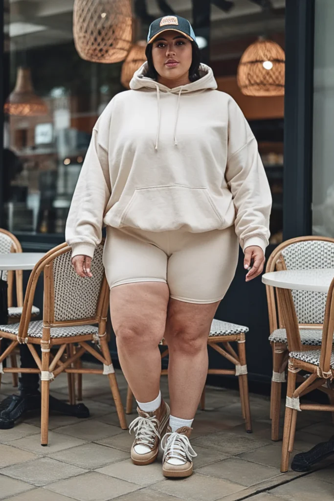 Plus Size Pullover Hoodie and Jogger Shorts Fall Outfit