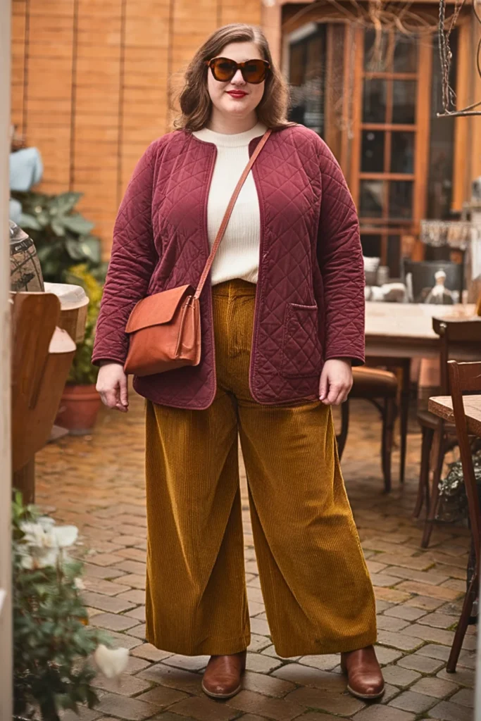 Plus Size Quilted Jacket with Corduroy Pants Fall Outfit