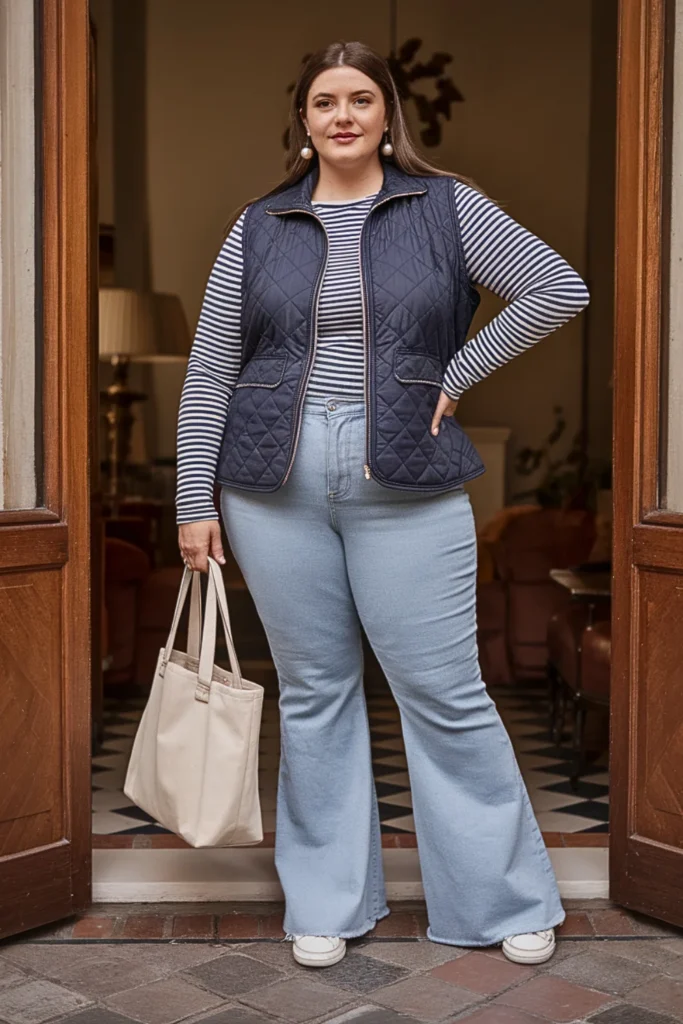 Plus Size Quilted Vest and Stonewashed Flare Jeans Fall Outfit