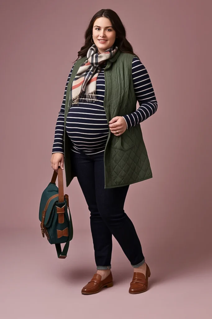 Plus Size Quilted Vest with Striped Long Sleeve Fall Outfit