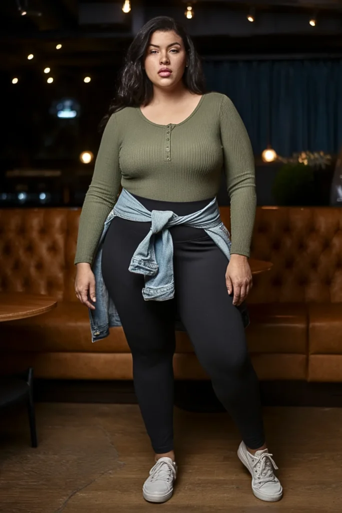 Plus Size Ribbed Henley and High-Waisted Leggings Fall Outfit