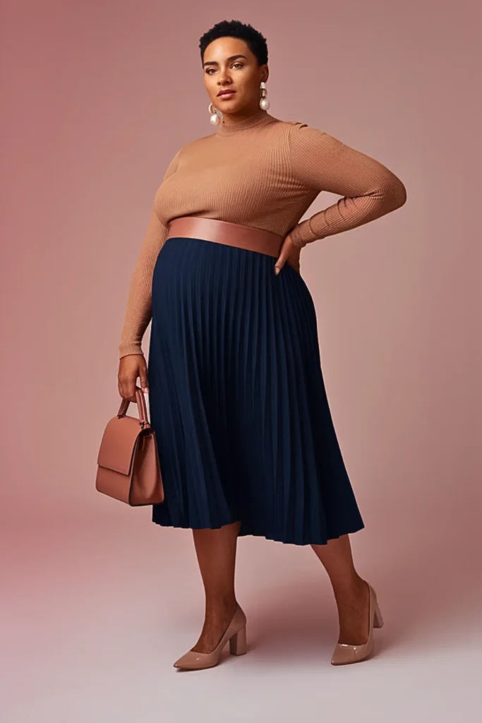Plus Size Ribbed Mock Neck with Pleated Midi Skirt Fall Outfit