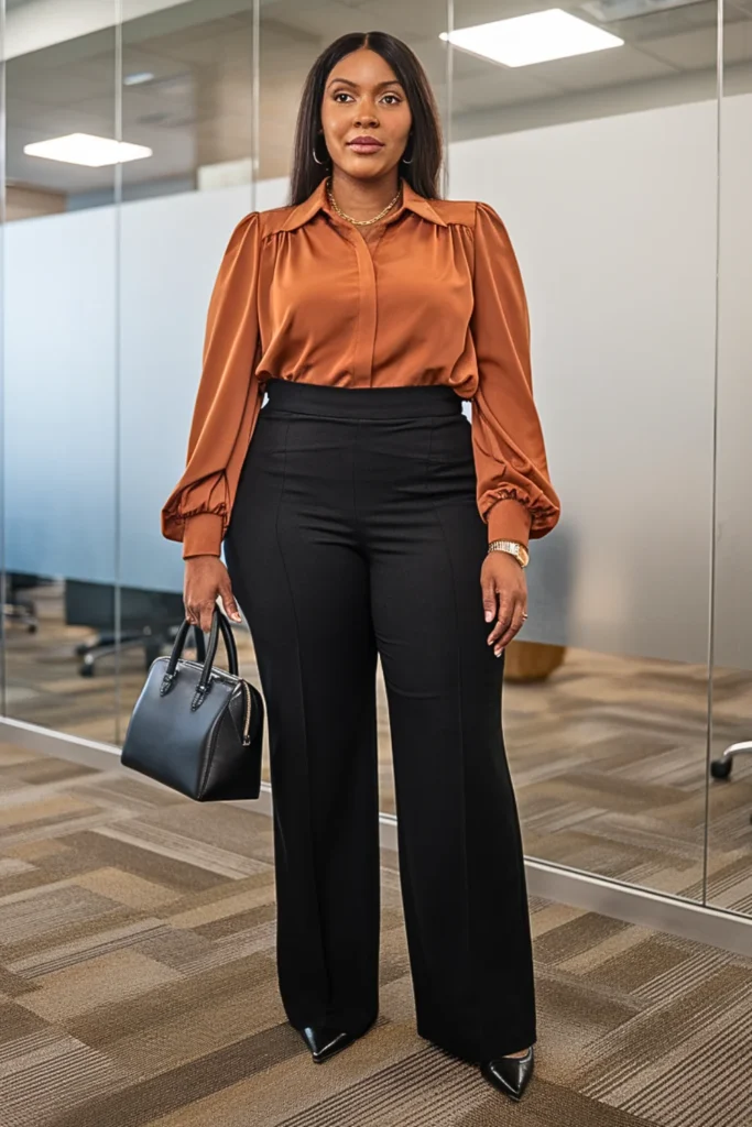 Plus Size Rust Orange Blouse and Black Trousers Fall Outfit