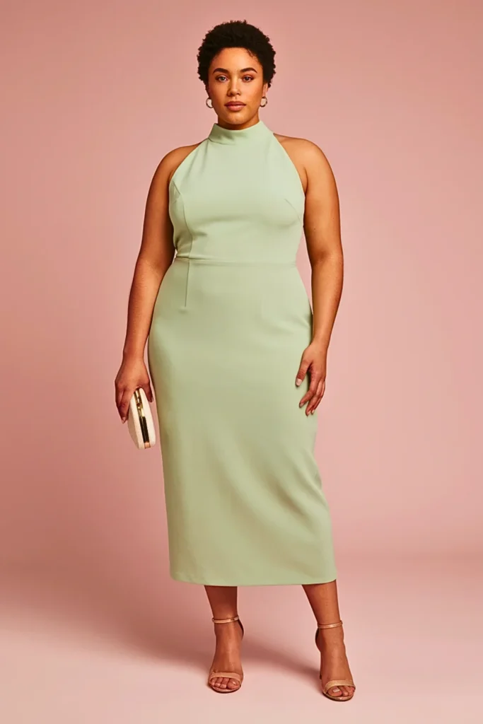 Plus Size Sage Green Crepe Column Wedding Guest Dress