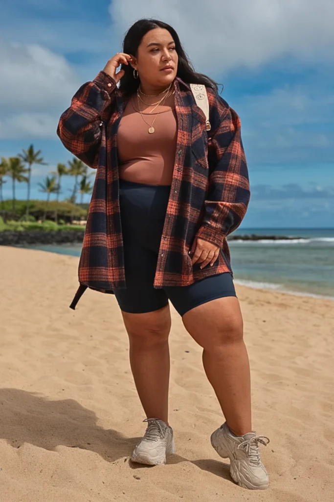 Plus Size Shacket with Bike Shorts Fall Outfit