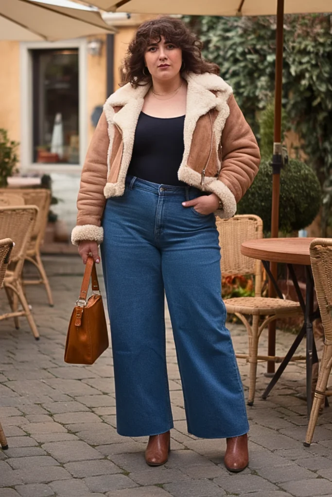 Plus Size Shearling Jacket with Wide-Leg Jeans Fall Outfit