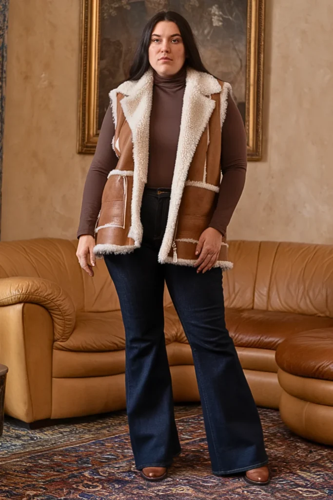 Plus Size Shearling Vest and Dark Rinse Flare Jeans Fall Outfit