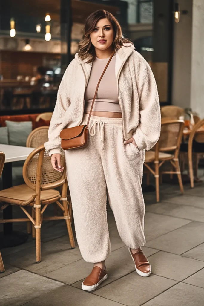 Plus Size Sherpa Hoodie and Drawstring Pants Fall Outfit