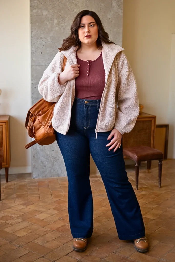 Plus Size Sherpa Jacket and Tapered Flare Jeans Fall Outfit