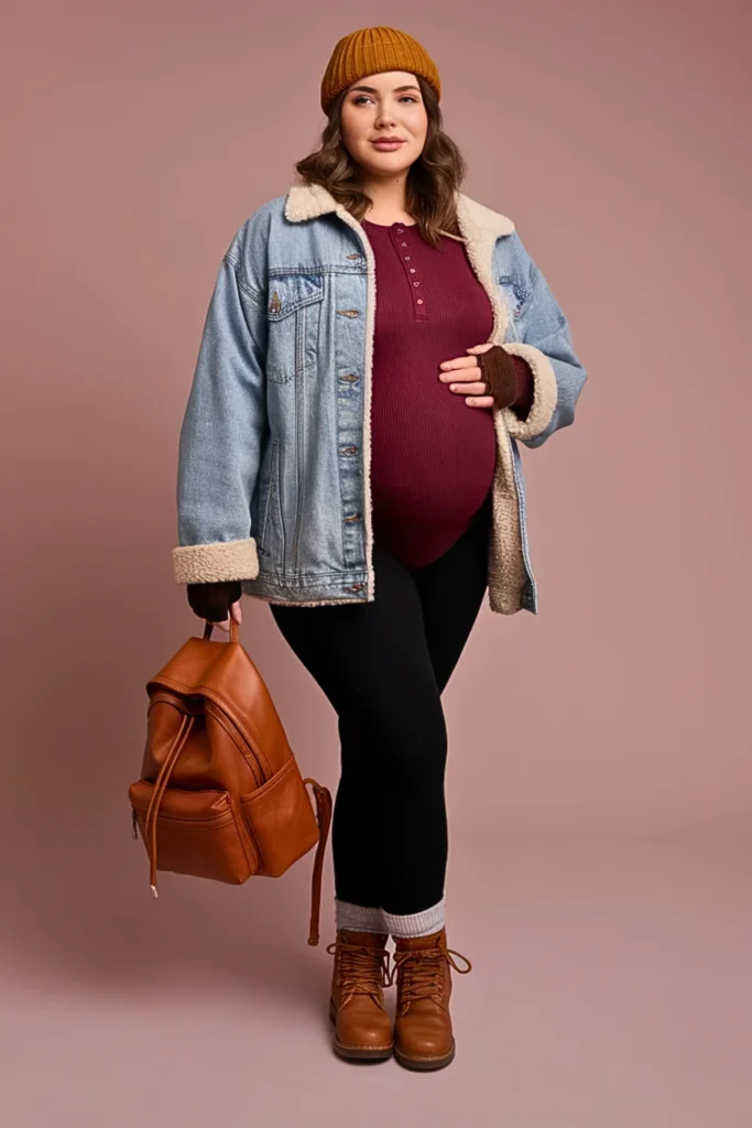 Plus Size Sherpa Lined Denim Jacket with Thermal Henley Fall Outfit