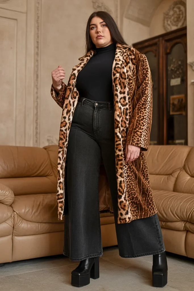 Plus Size Statement Coat and Wide Flare Jeans Fall Outfit