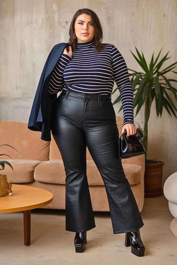 Plus Size Striped Turtleneck and Coated Flare Jeans Fall Outfit