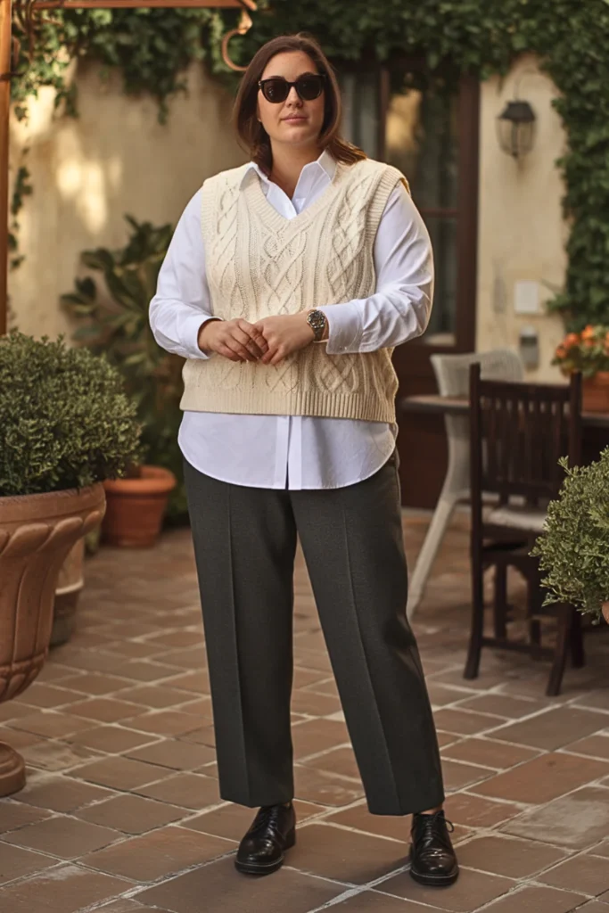 Plus Size Sweater Vest with Button-Down and Trousers Fall Outfit