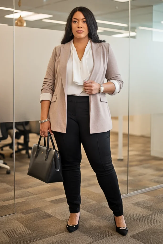 Plus Size Taupe Blazer and Black Skinny Pants Fall Outfit