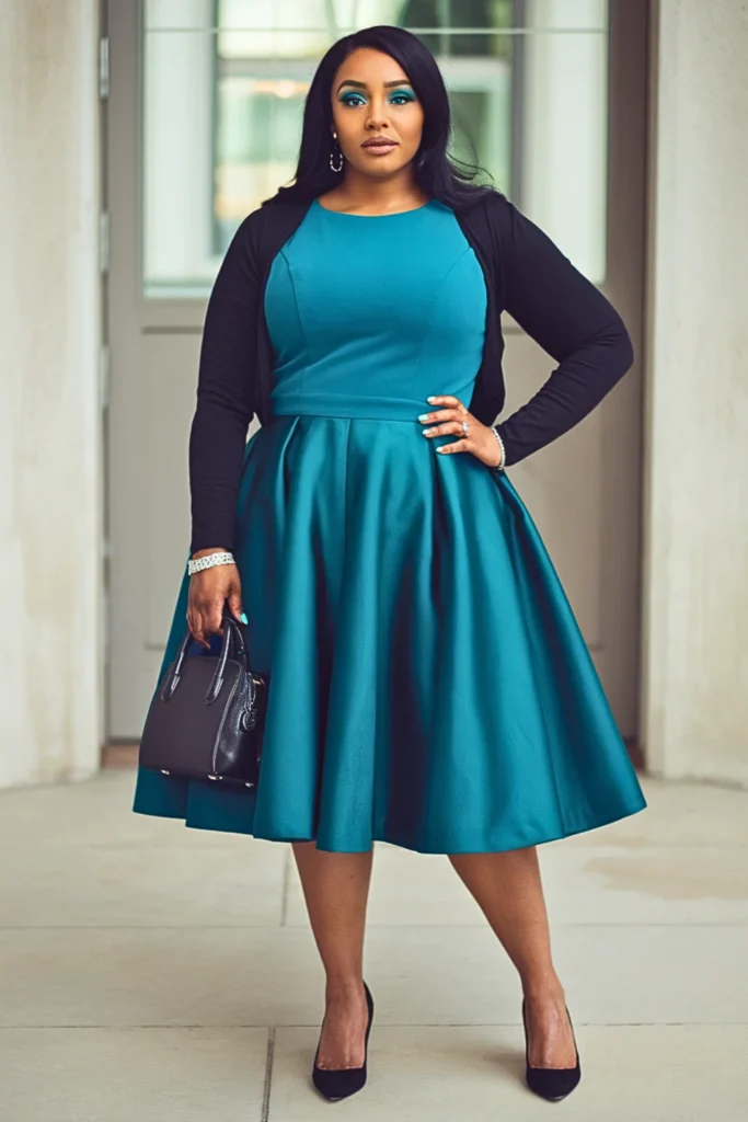 Plus Size Teal Blue Ponte Fit-and-Flare Wedding Guest Dress