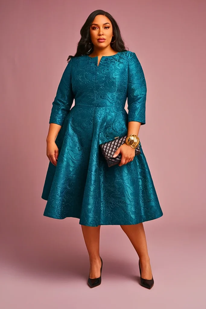 Plus Size Teal Jacquard Short Wedding Guest Dress