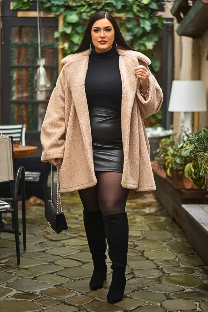Plus Size Teddy Coat with Mini Skirt Fall Outfit