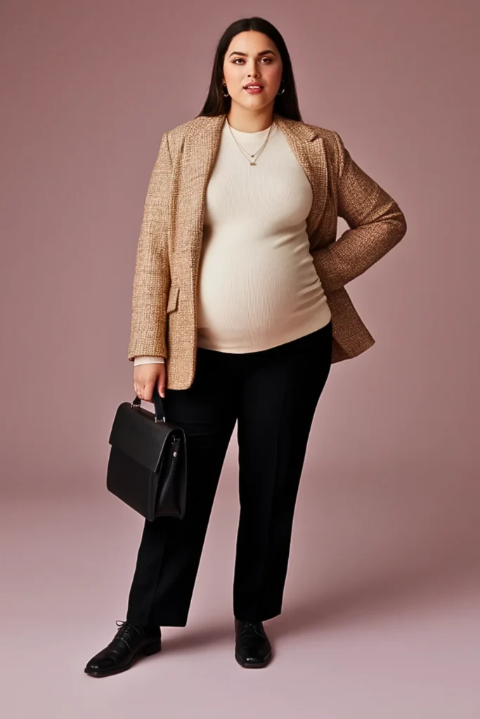 Plus Size Textured Blazer with Crewneck Sweater Fall Outfit
