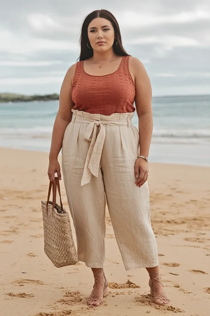 Plus Size Textured Tank with Paperbag Pants Fall Outfit