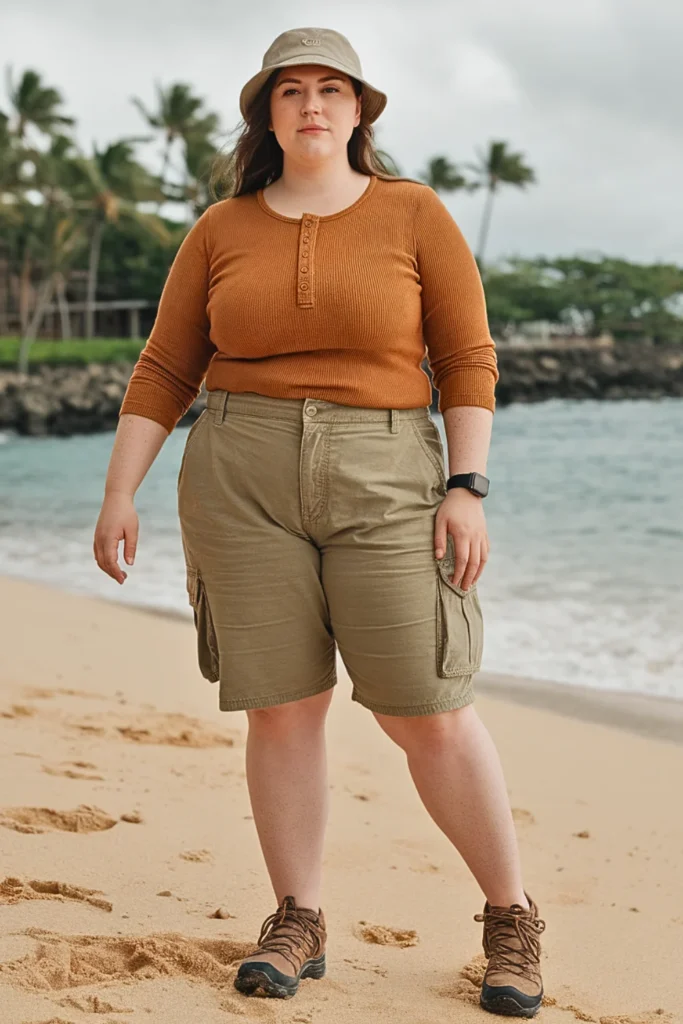 Plus Size Thermal Henley with Cargo Shorts Fall Outfit