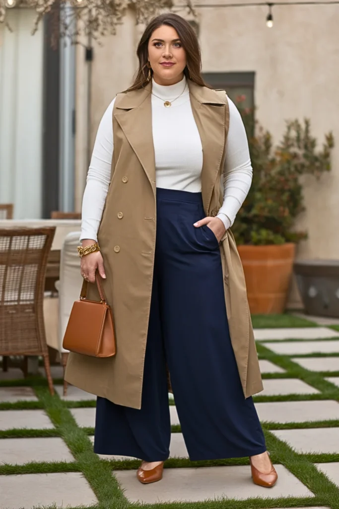 Plus Size Trench Vest with Palazzo Pants Fall Outfit