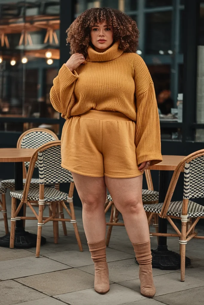 Plus Size Turtleneck Sweater and Sweat Shorts Fall Outfit
