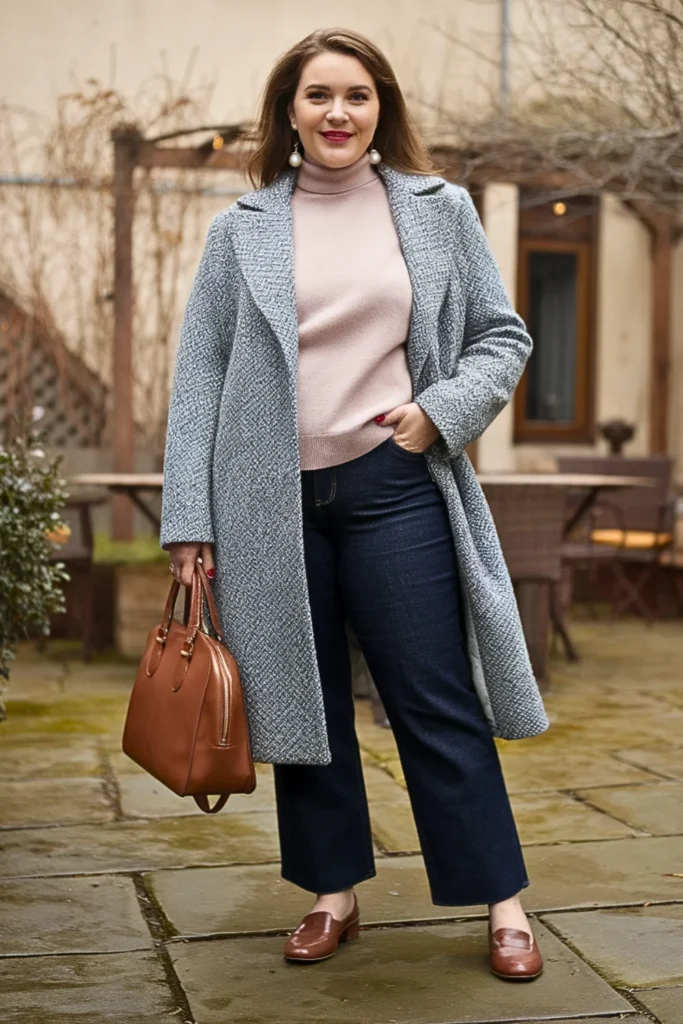 Plus Size Tweed Coat with Straight-Leg Jeans Fall Outfit