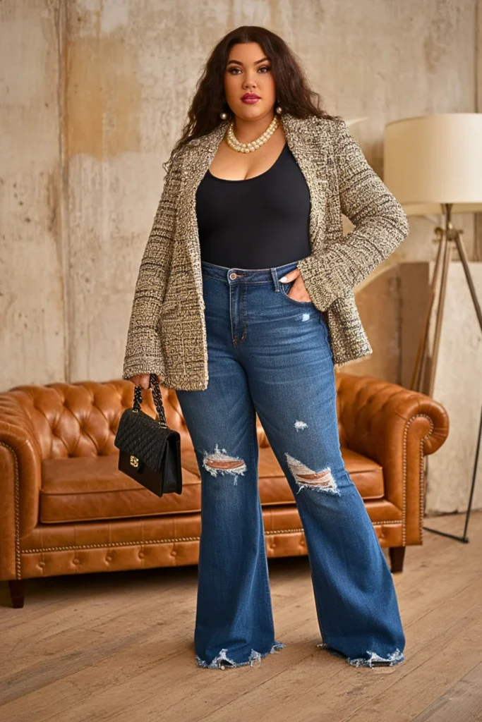 Plus Size Tweed Jacket and Distressed Flare Jeans Fall Outfit