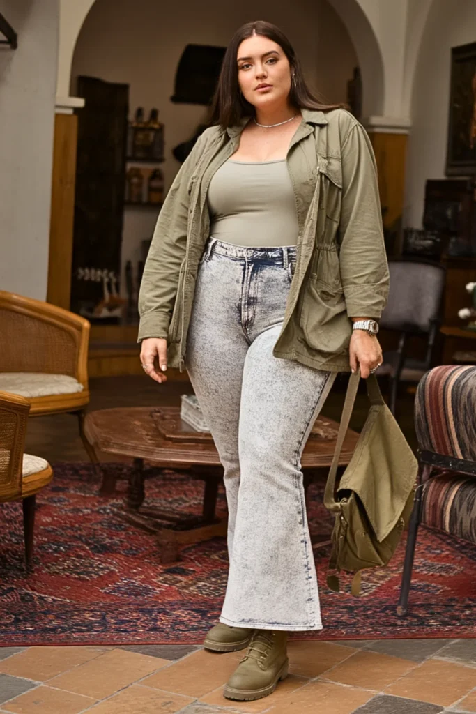 Plus Size Utility Jacket and Acid Wash Flare Jeans Fall Outfit