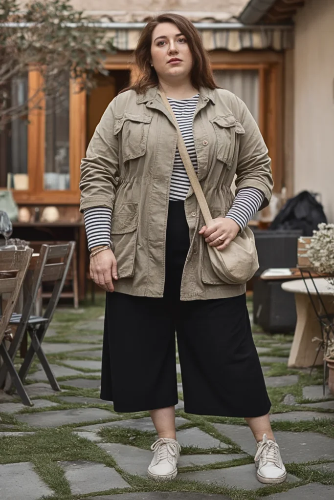 Plus Size Utility Jacket with Culottes Fall Outfit