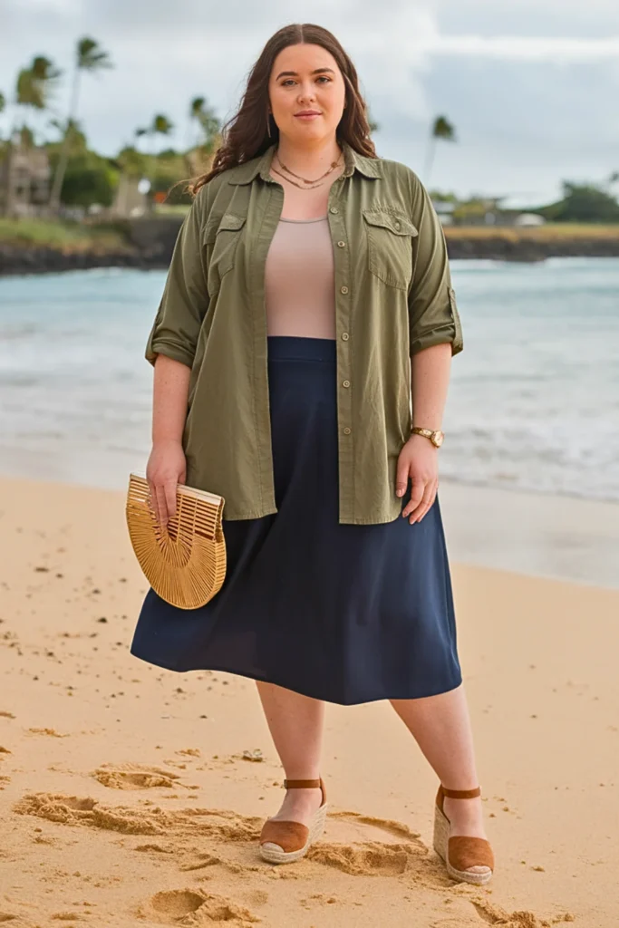 Plus Size Utility Shirt with A-Line Skirt Fall Outfit