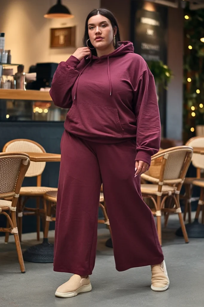 Plus Size Velour Hoodie and Wide-Leg Sweatpants Fall Outfit