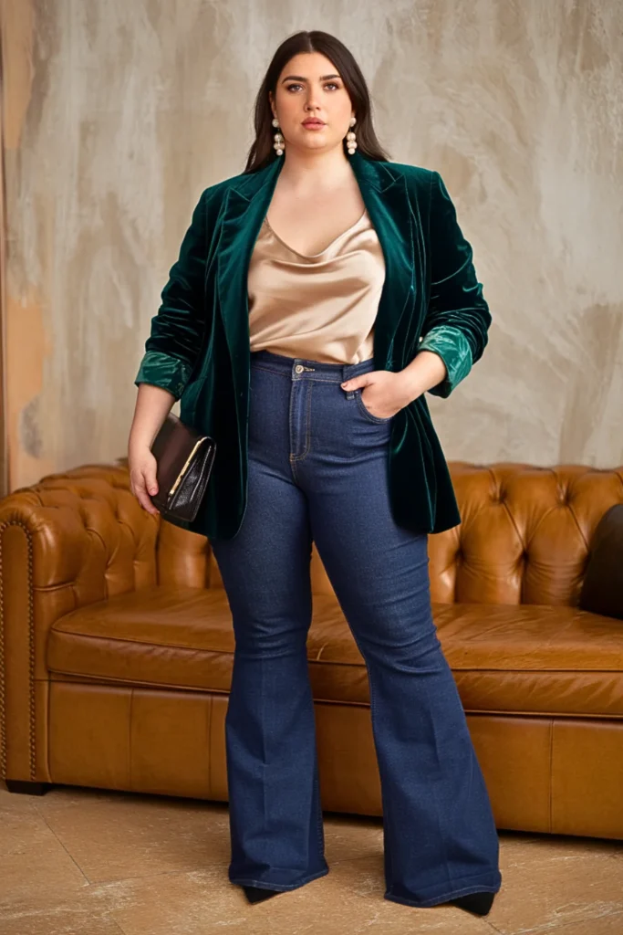 Plus Size Velvet Blazer and Mid-Rise Flare Jeans Fall Outfit