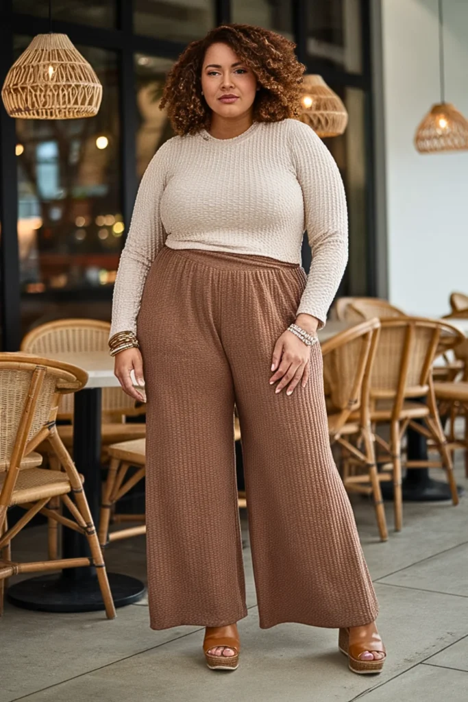 Plus Size Waffle Knit Top and Palazzo Pants Fall Outfit