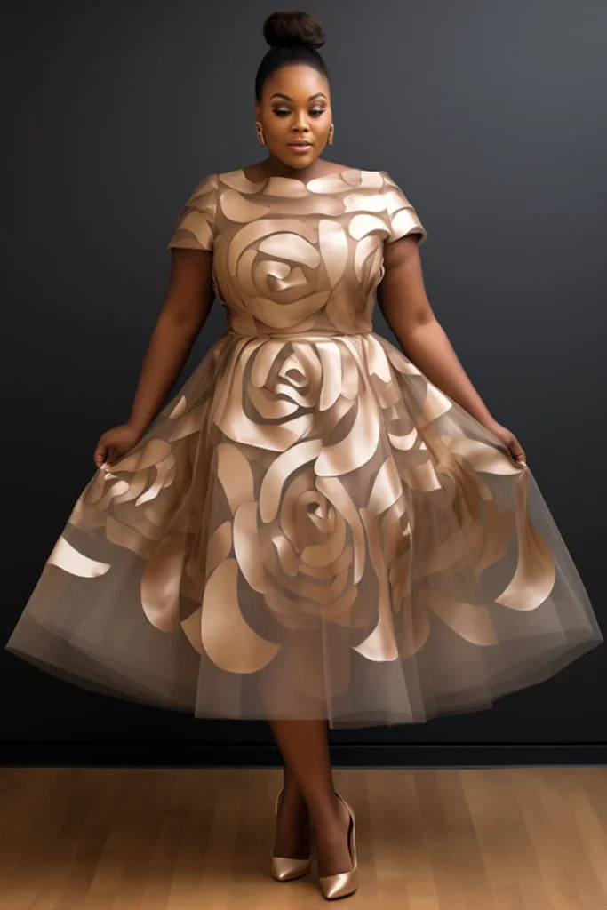 Plus Size Wedding Guest Champagne Floral Round Neck Short Sleeve See Through Elegant Midi Dress
