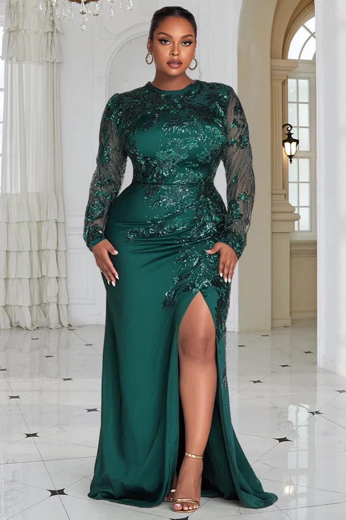 Plus Size Wedding Guest Green Round Neck Long Sleeve Split Elegant See Through Sequin Maxi Dress