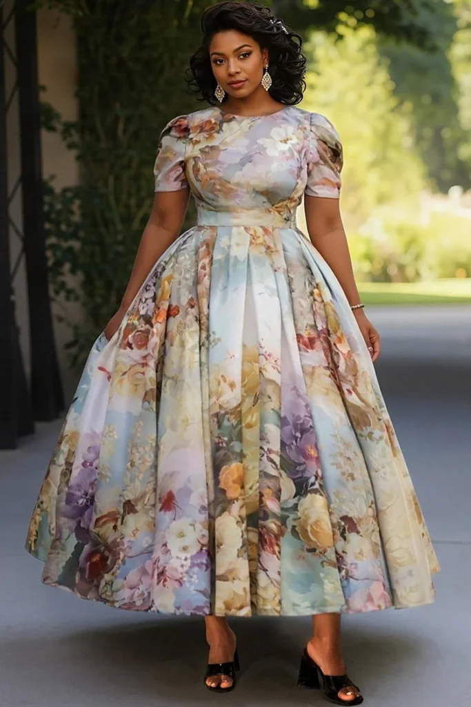 Plus Size Wedding Guest Multicolor Floral Round Neck Short Sleeve Pleated Vintage Pocket Satin Maxi Dress
