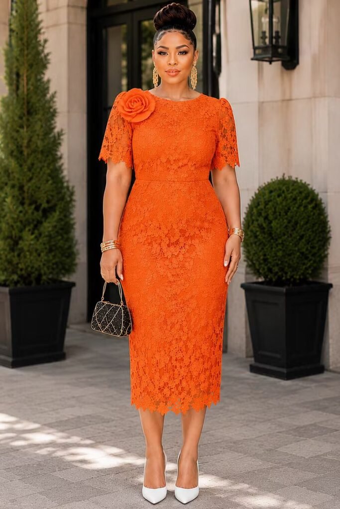 Plus Size Wedding Guest Orange Round Neck Short Sleeve 3D Bodycon Lace Midi Dress