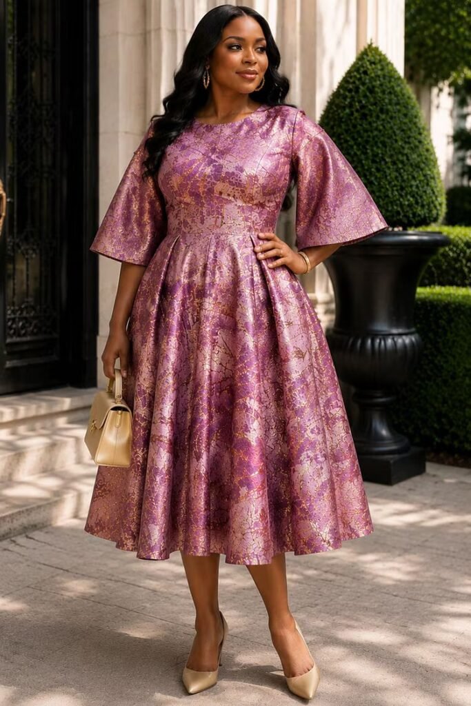 Plus Size Wedding Guest Pink Graphic Round Neck Flare Half Sleeve Pleated Pocket Satin Midi Dress