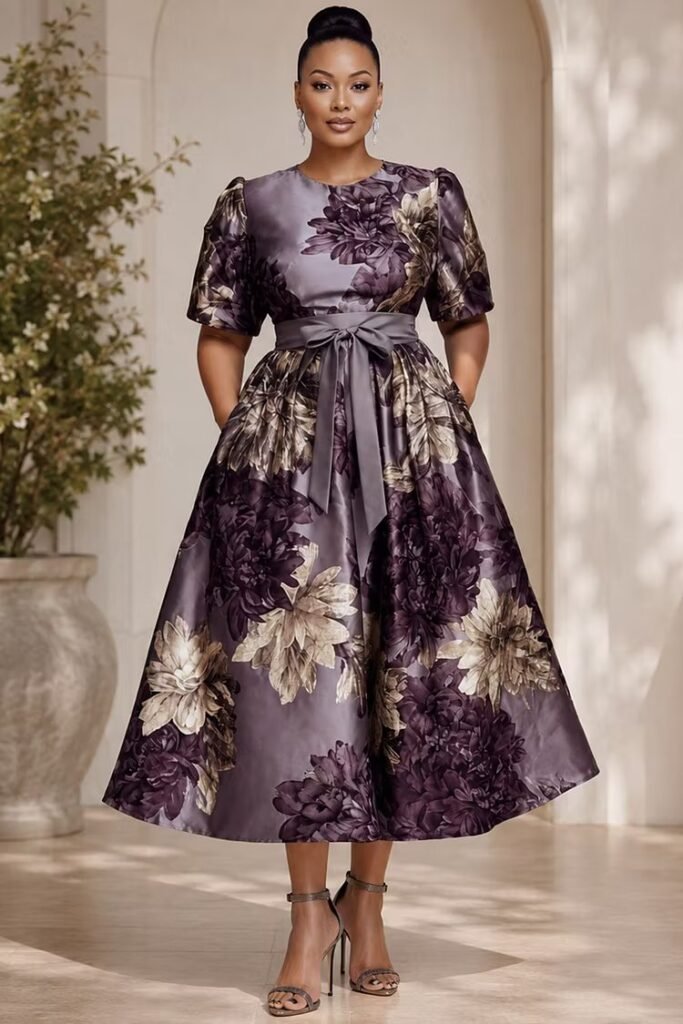 Plus Size Wedding Guest Purple Floral Round Neck Short Sleeve Pocket Satin Midi Dress