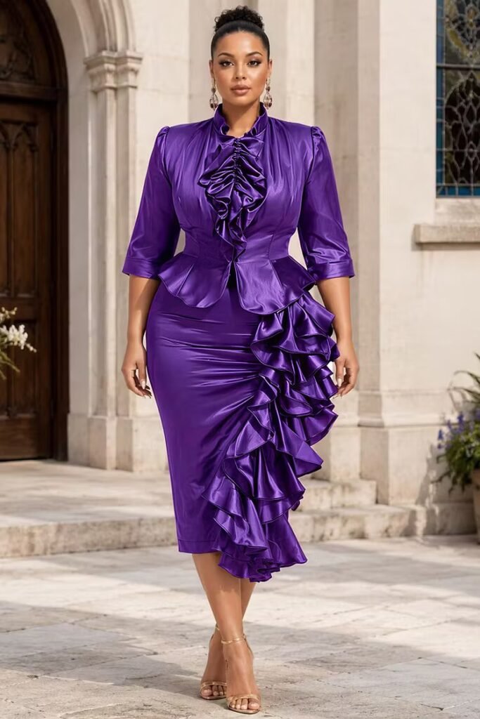 Plus Size Wedding Guest Purple Mock Neck Half Sleeve Ruffle Split Satin Two Piece Skirt Set