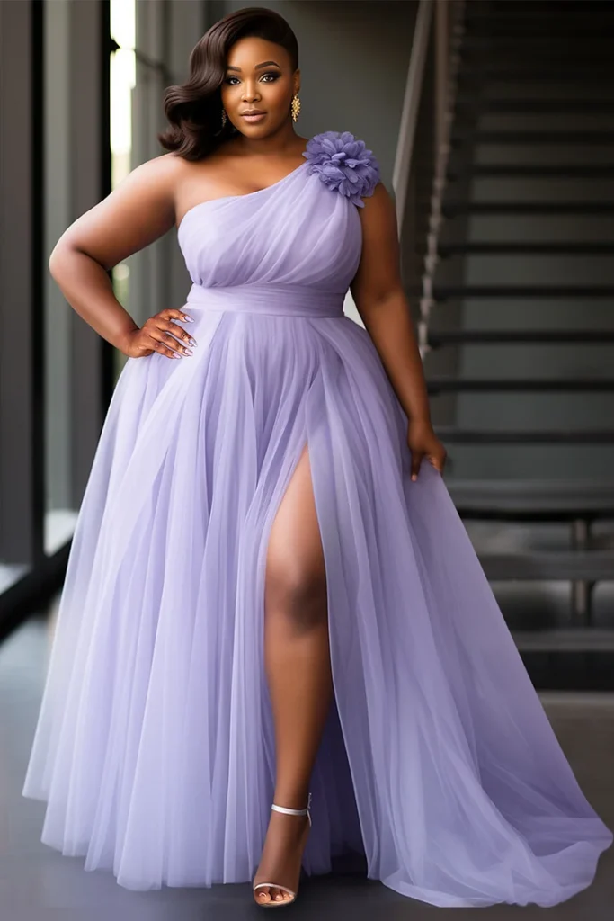 Plus Size Wedding Purple Elegant Oblique Collar 3D Split Tulle Maxi Dress