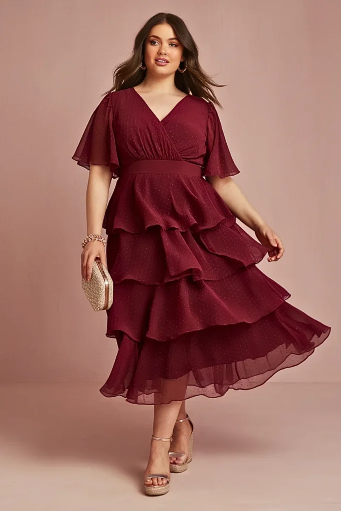 Plus Size Wine Red Chiffon Tiered Wedding Guest Dress