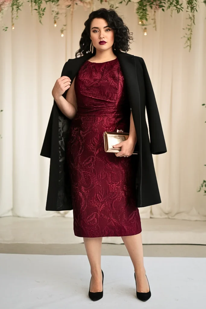 Plus Size Wine Red Jacquard Pencil Wedding Guest Dress