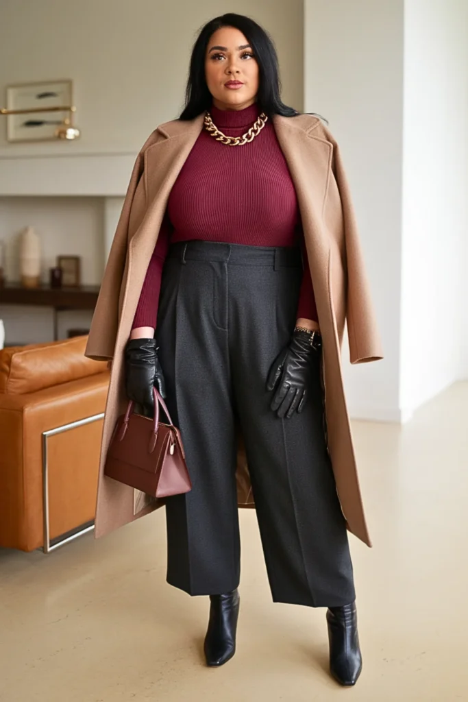 Plus Size Winter Burgundy Turtleneck Sweater Winter Outfit