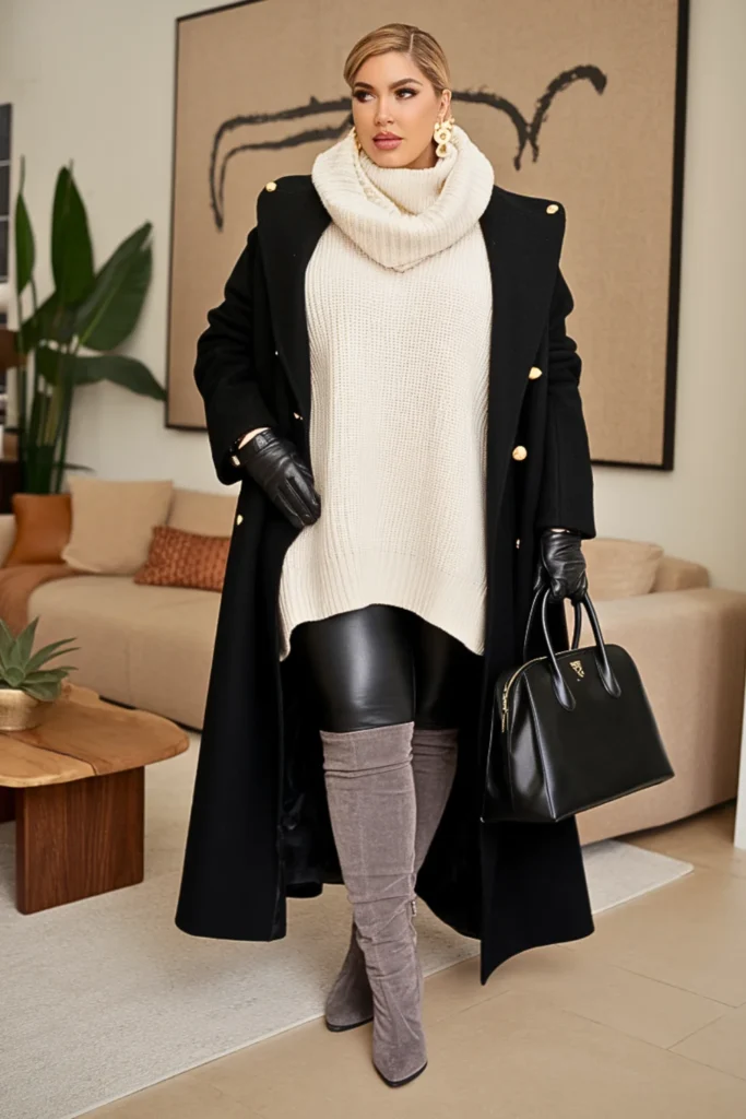 Plus Size Winter Cream Turtleneck Sweater Winter Outfit