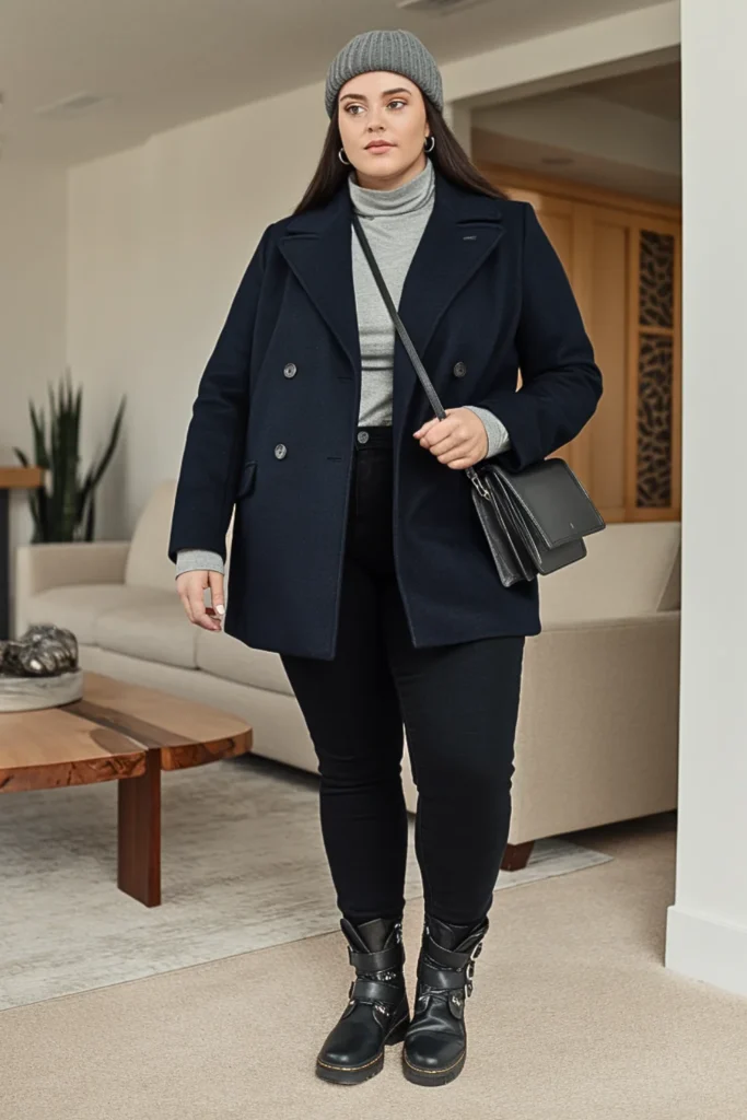Plus Size Winter Navy Pea Coat Winter Outfit