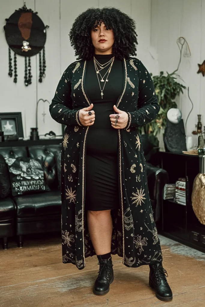 Plus Size Witchy Cardigan and Bodycon Dress Fall Outfit