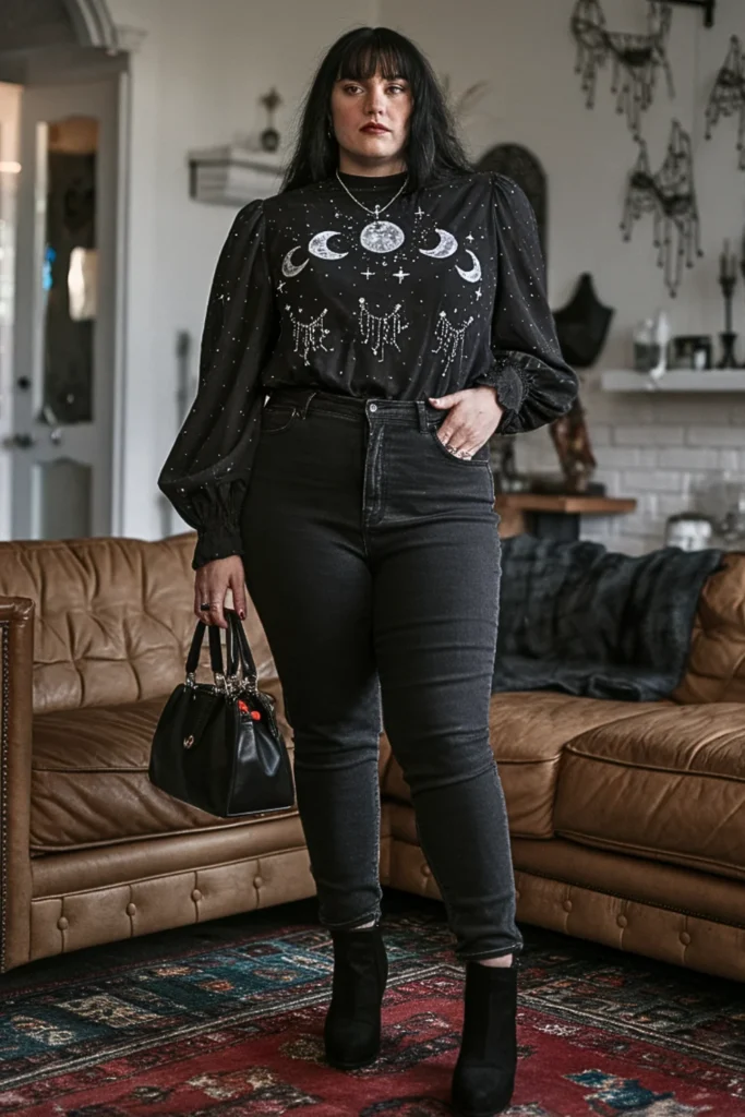 Plus Size Witchy Embroidered Blouse and Dark Jeans Fall Outfit