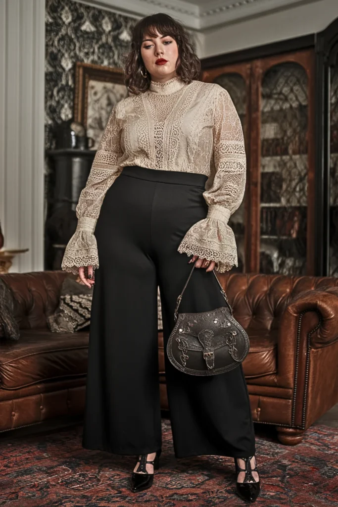 Plus Size Witchy Lace Blouse and Wide-Leg Pants Fall Outfit